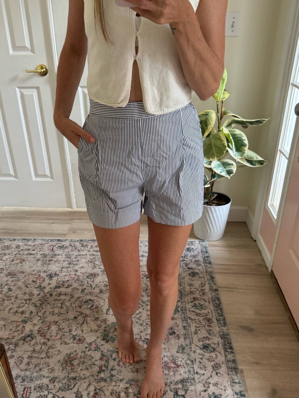 J. Crew Striped High-Waist Shorts in Blue and White